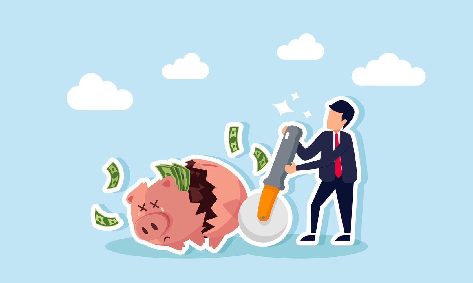 A businessman cutting open a piggy bank filled with money using a saw, illustrating the process of liquidating a deposit investment vector