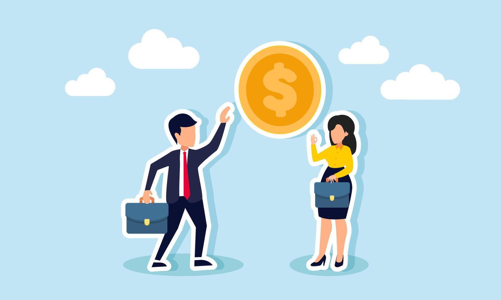 A businessman and businesswoman discussing dollar coins, illustration of sharing insights on increasing dollar assets vector