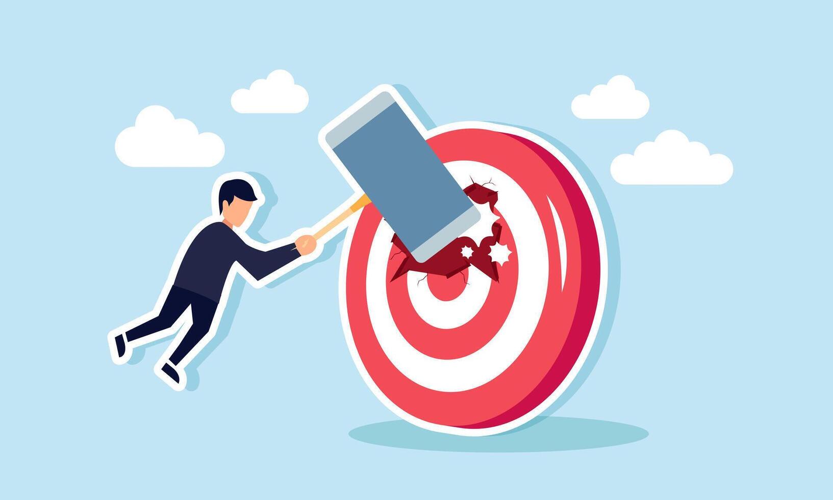 A businessman hit a target board with a giant hammer, illustration of business policies disrupting and altering established business goals vector