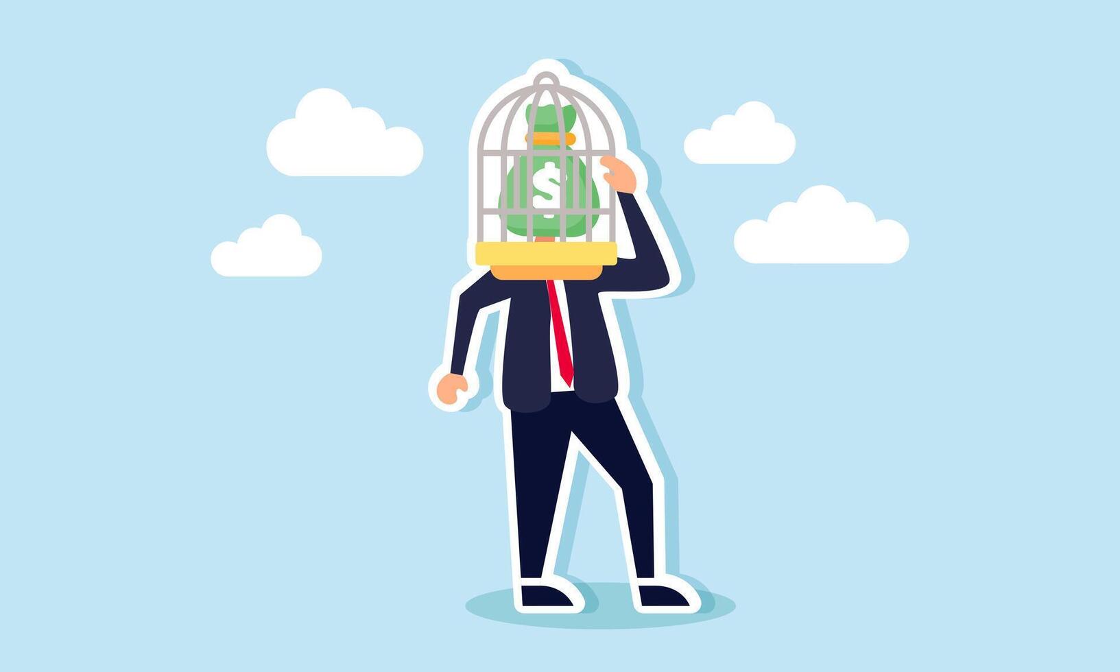 A businessman with a money bag head trapped in a cage, illustration of wrong investment strategies leading to the company's financial entrapment vector
