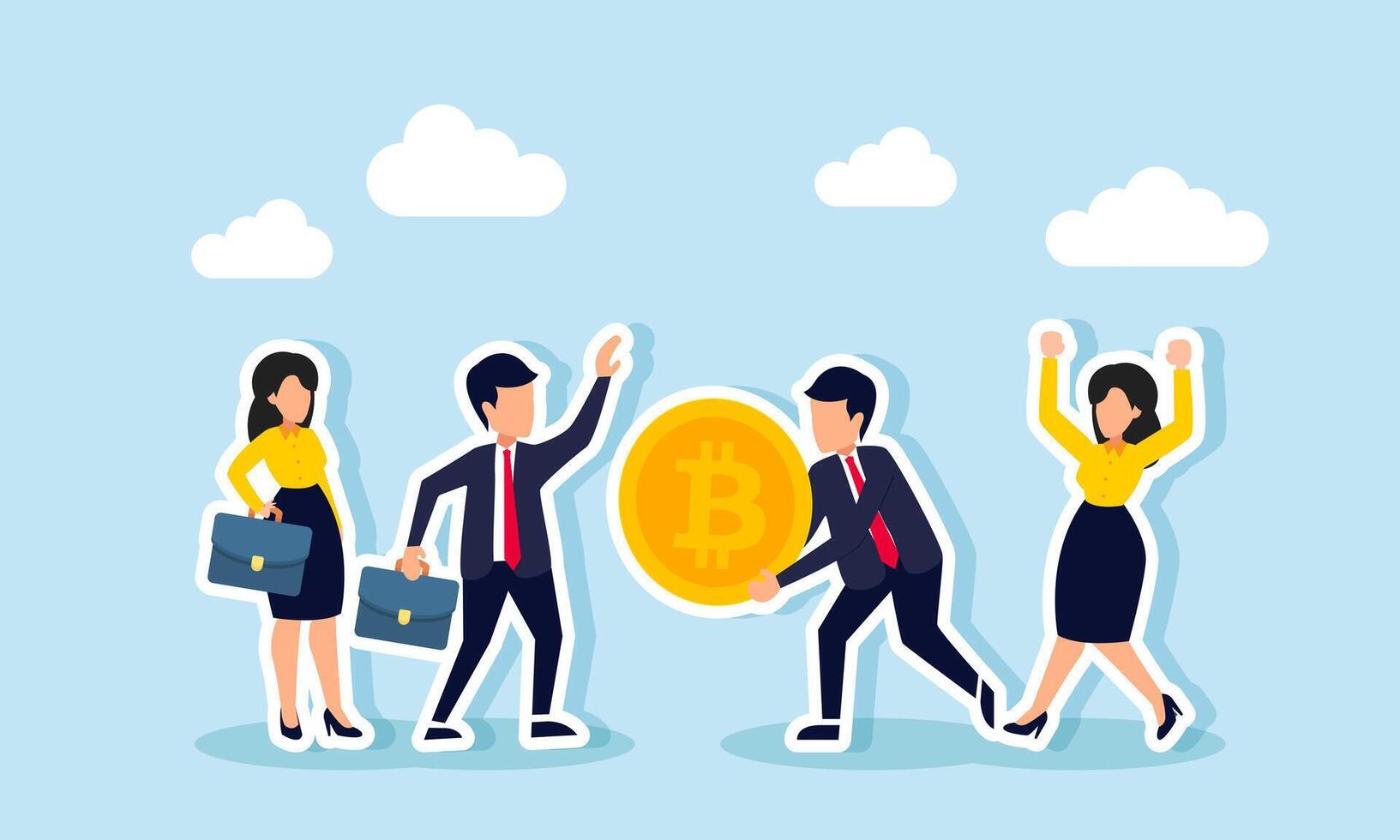 A businessman carries a giant bitcoin, celebrated by his business partner, illustrating appreciation for a partner's success in increasing bitcoin assets vector