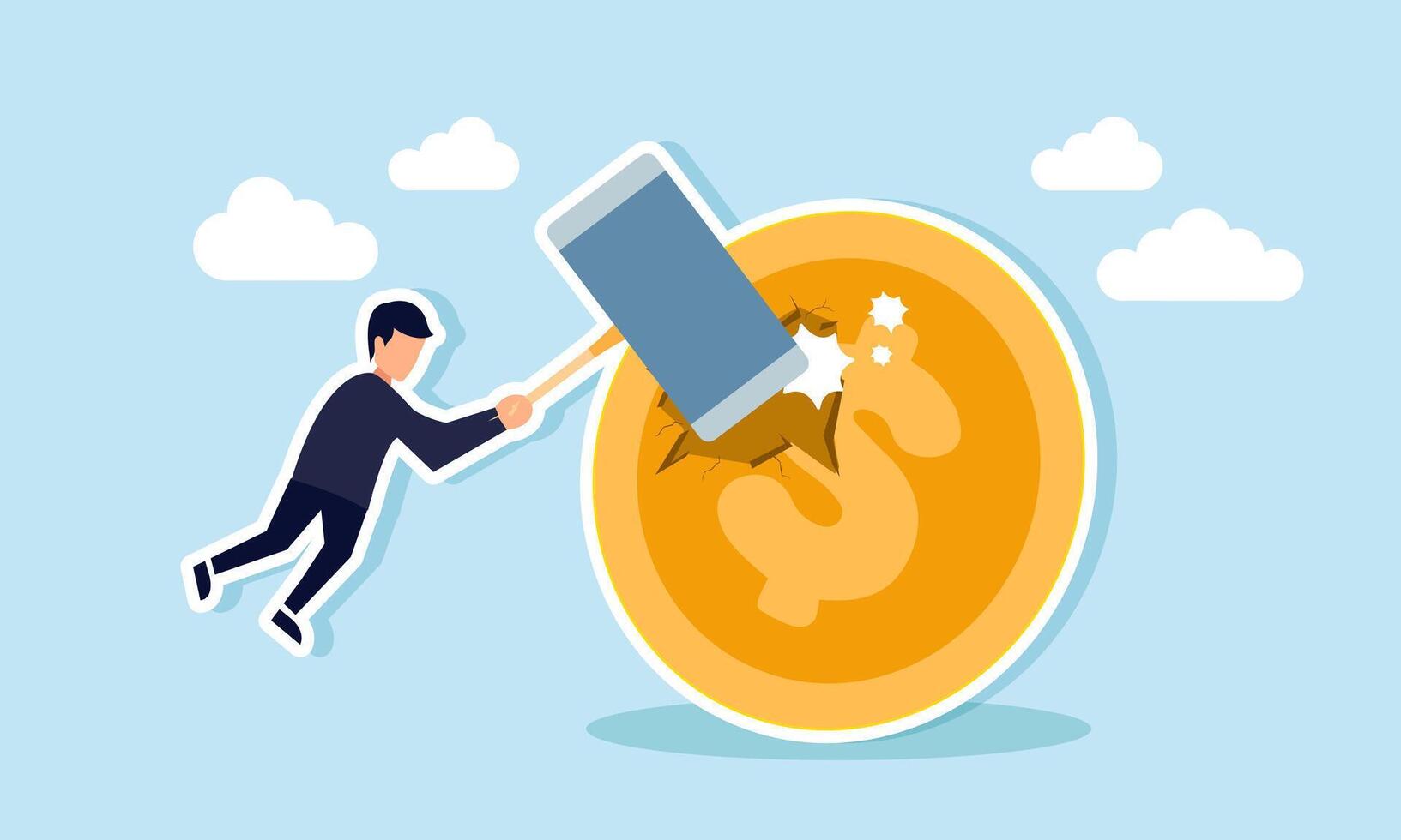 A businessman hit a dollar coin with a giant hammer, illustration of business policies damaging the valuation of the dollar vector