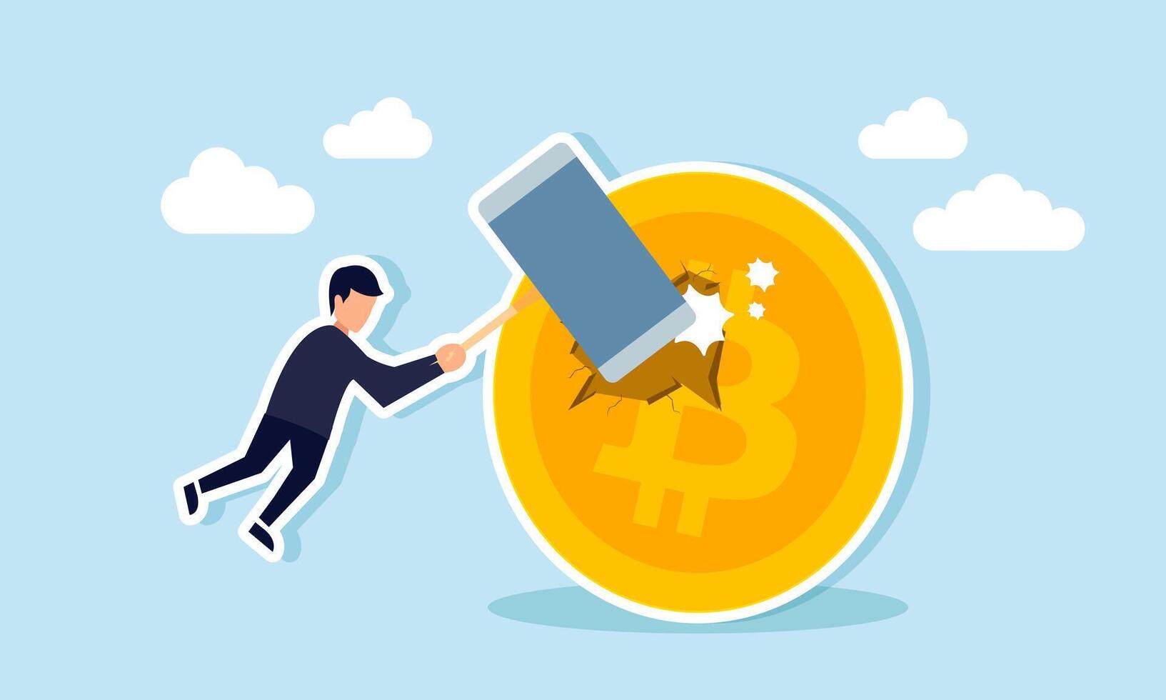 A businessman hit a bitcoin with a giant hammer, illustration of business policies damaging the valuation of bitcoin vector