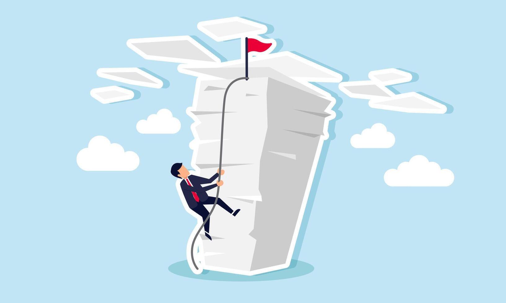 A businessman climbing a pile of paperwork with a rope, illustration of progress in tackling accumulated tasks vector