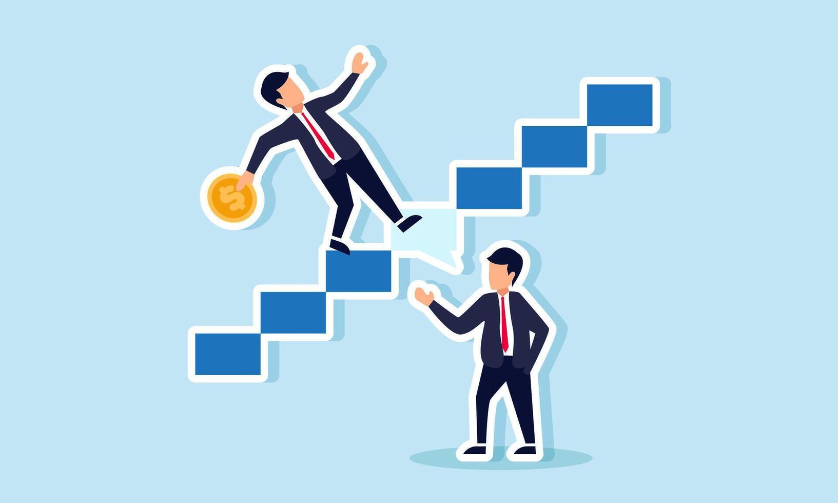 A businessman slips on the stairs while holding a dollar coin due to a speech made by another businessman, illustrating how powerful statements can affect dollar valuation vector