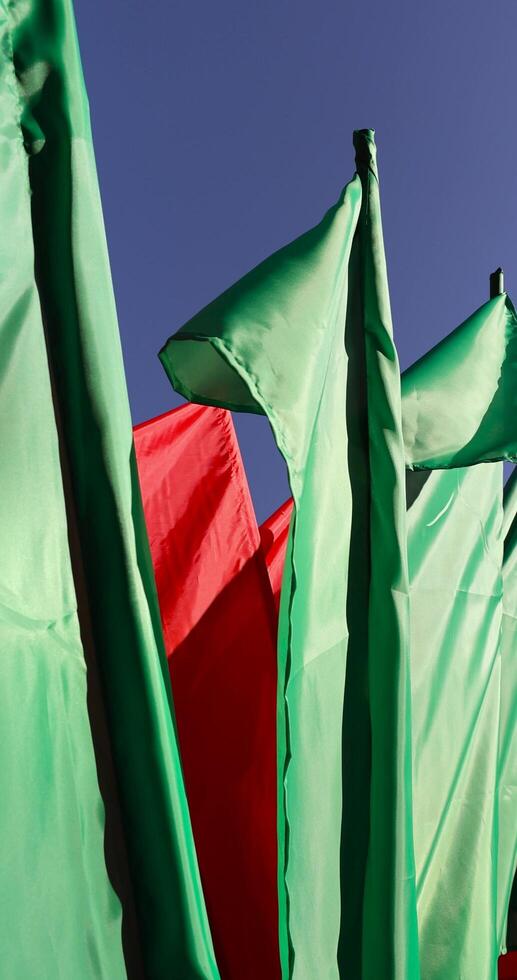 flags set up during the celebration in windy weather photo