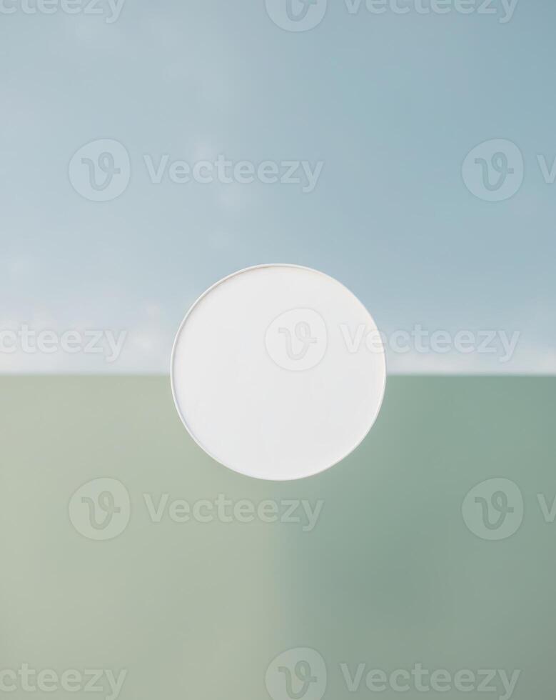 A white circular object is sitting on top of a green surface photo