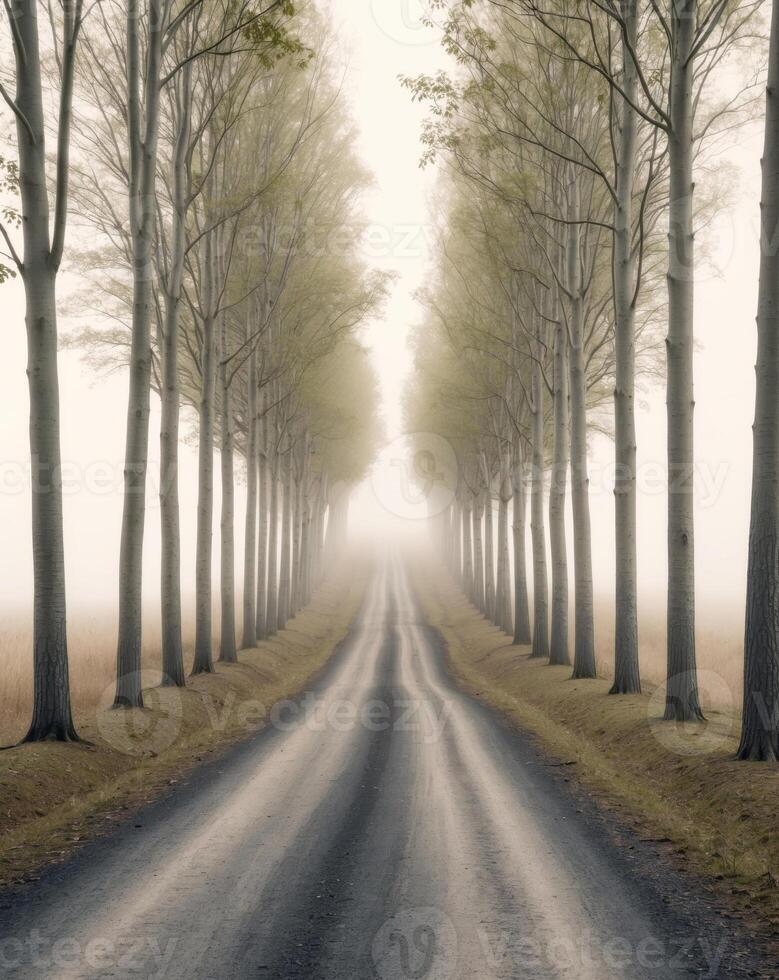 A road lined with trees and fog photo