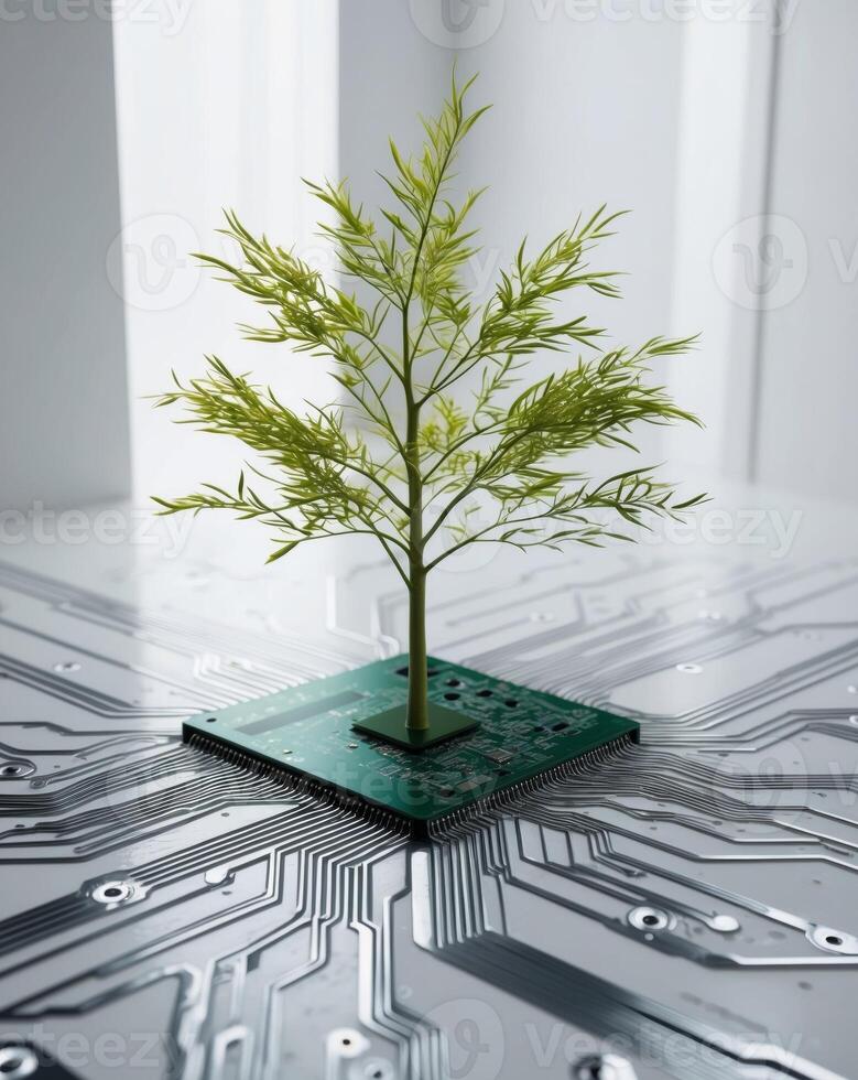 A small tree is growing on a circuit board photo