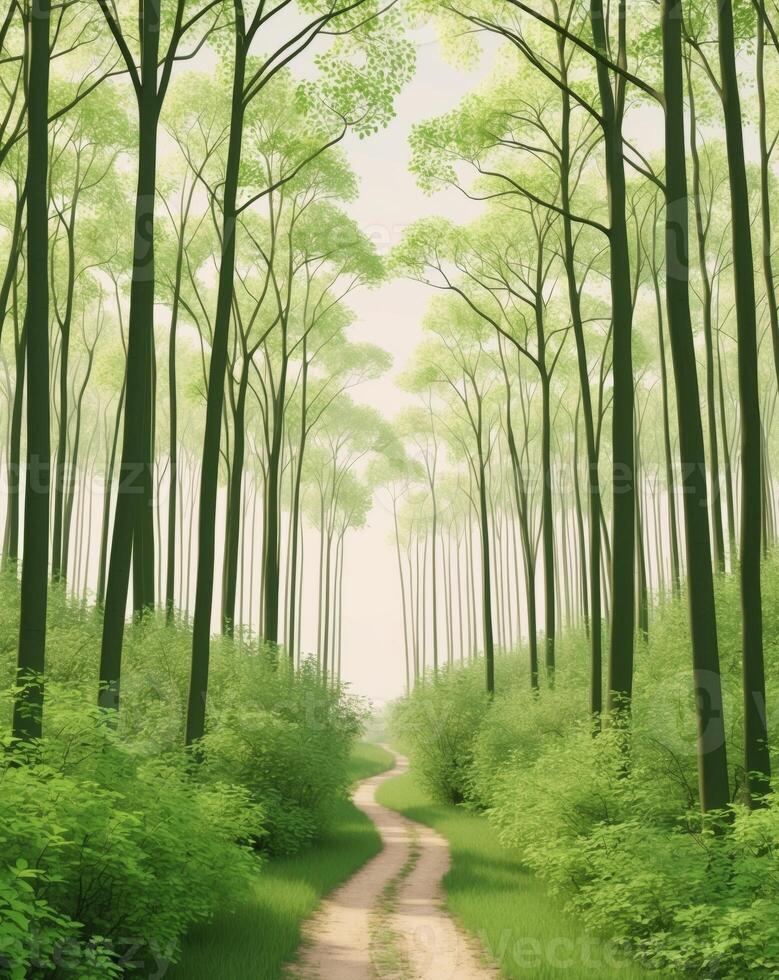 A path through a green forest with trees photo