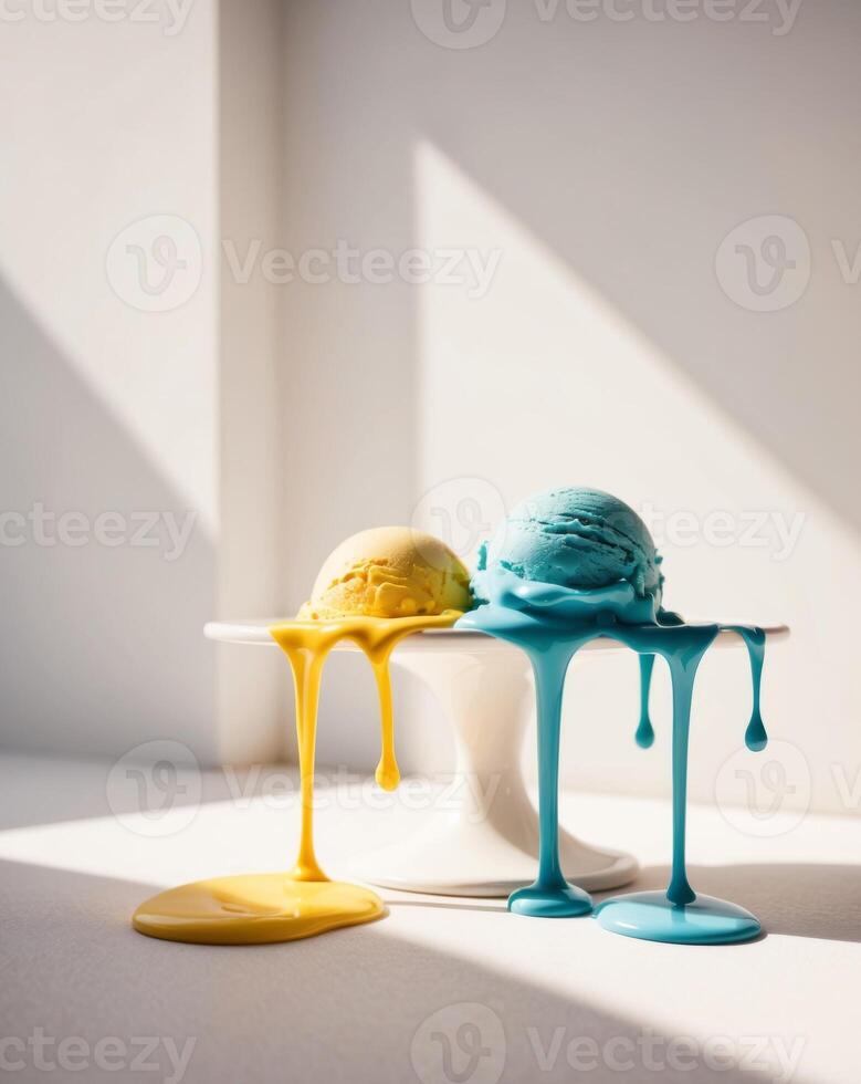 Two ice cream scoops with melted colors on top of a white table photo