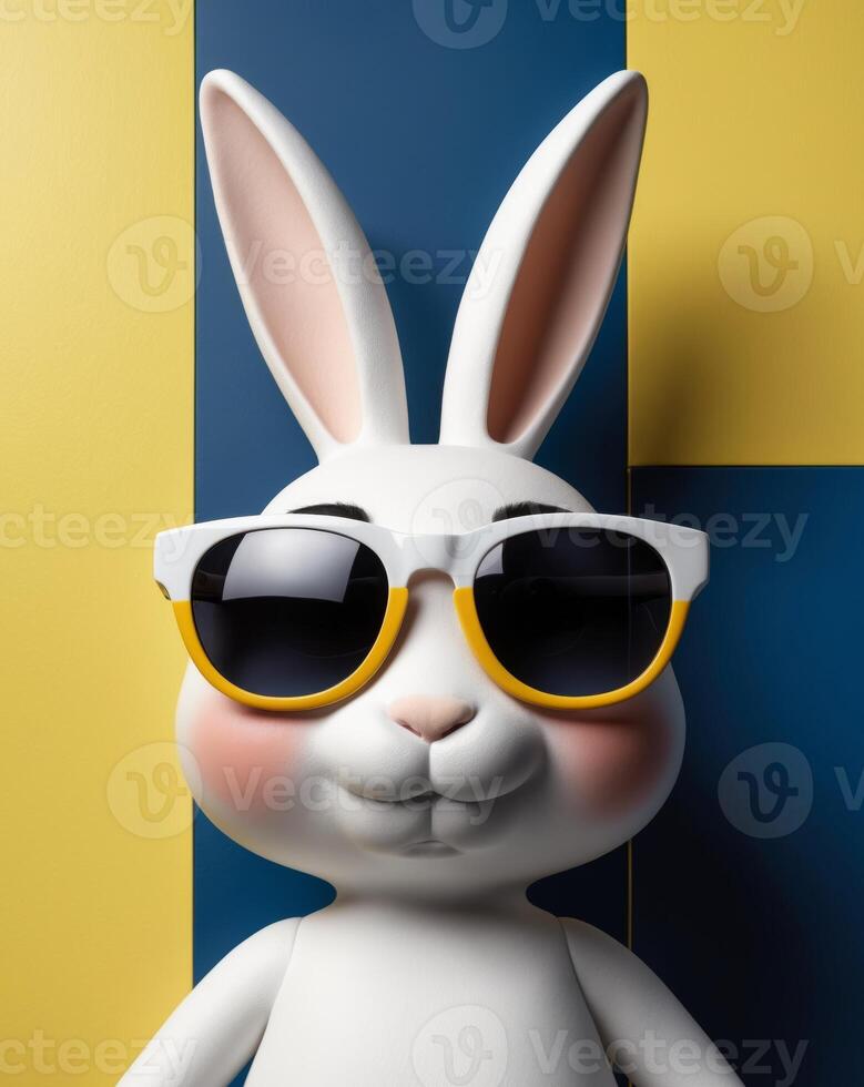 A white rabbit wearing sunglasses on a blue and yellow background photo