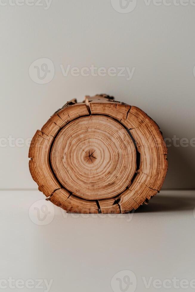 A close up of a log on a white surface photo