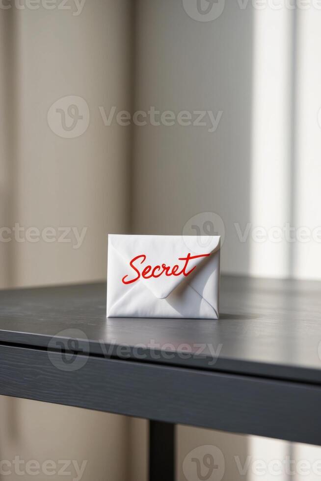 Secret envelope on table with blurred background photo