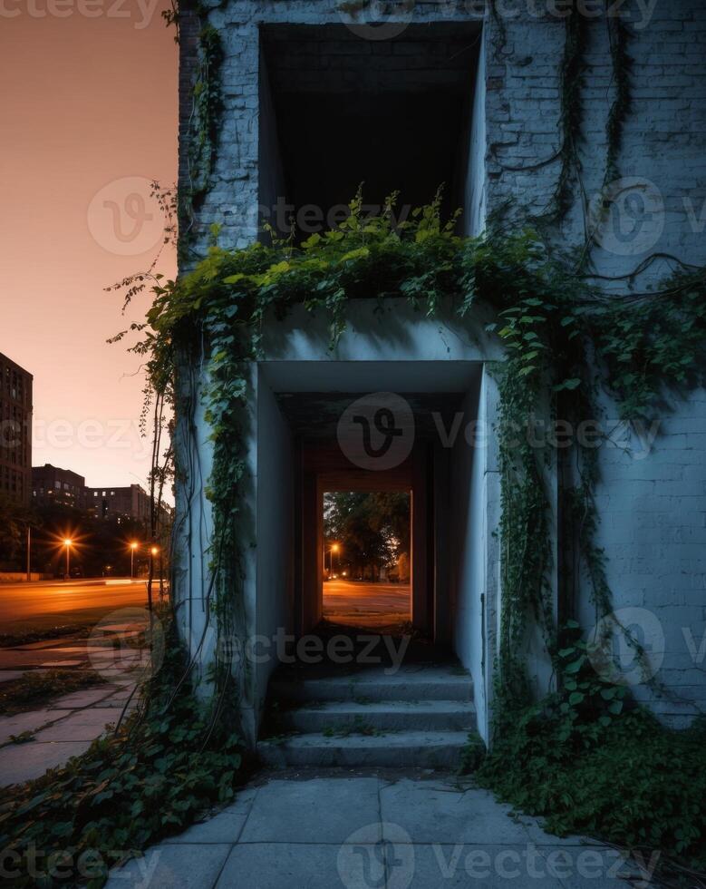 An abandoned building with vines growing up the side photo