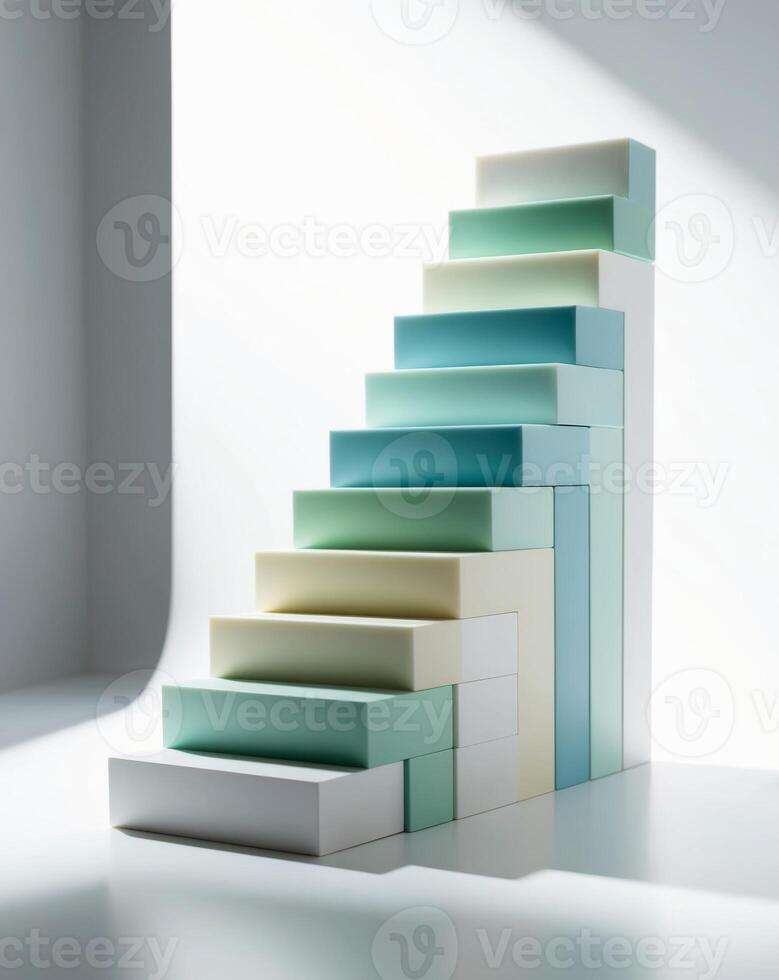 A stack of colorful boxes on a white floor photo