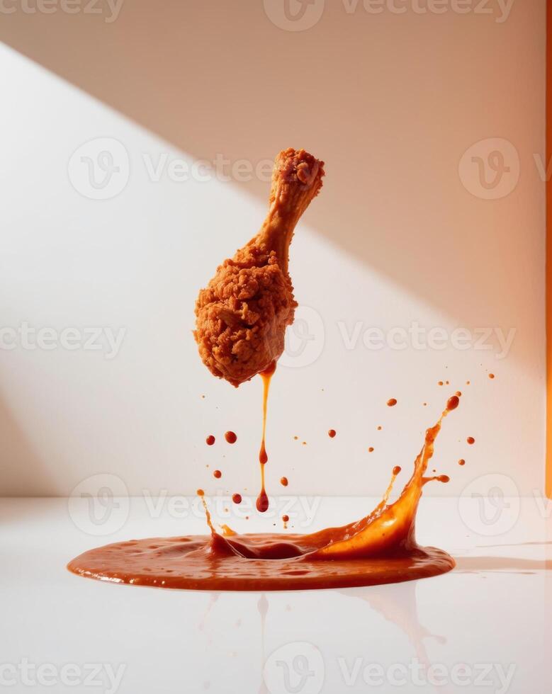 A chicken wing is being splashed with sauce photo