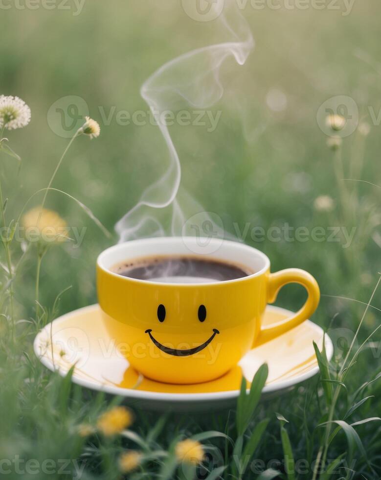 Coffee cup with smiley face in the field photo