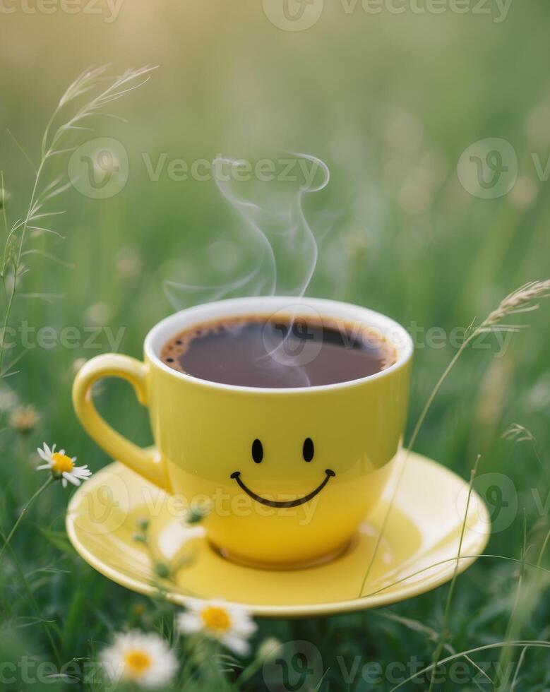A cup of coffee with a smiley face on it in the grass photo
