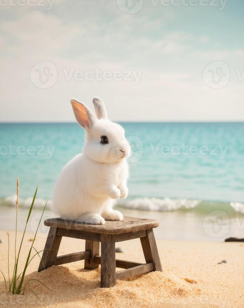 A white rabbit sitting on a wooden chair on the beach photo