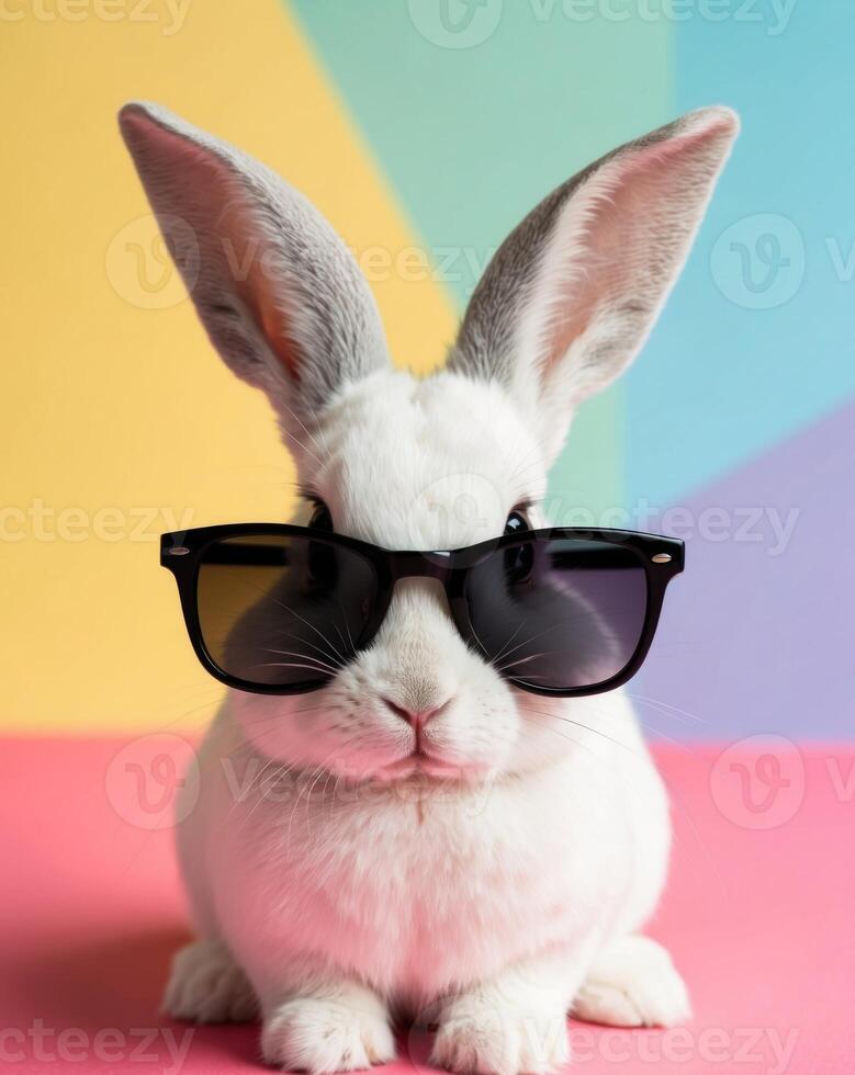 A white rabbit wearing sunglasses on a colorful background photo