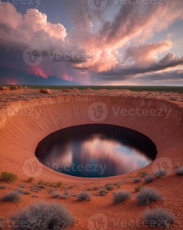 A large hole in the desert with a lake in the middle photo