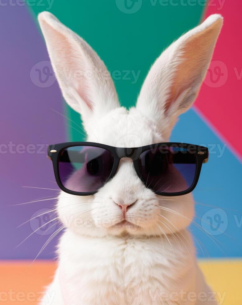 A white rabbit wearing sunglasses on a colorful background photo