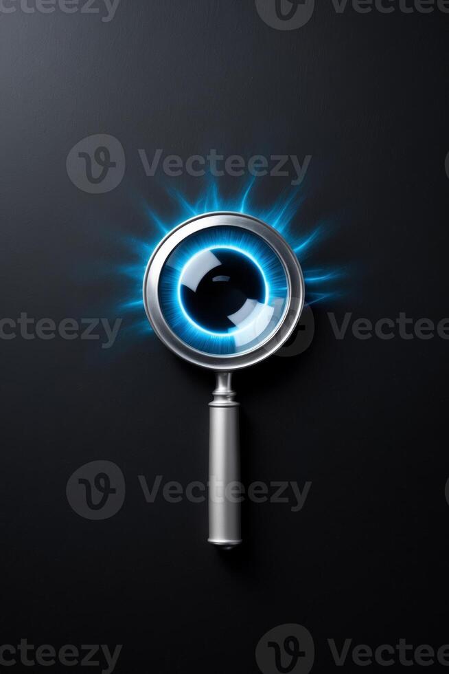 Neon Glowing Magnifying Glass on Black Background. photo