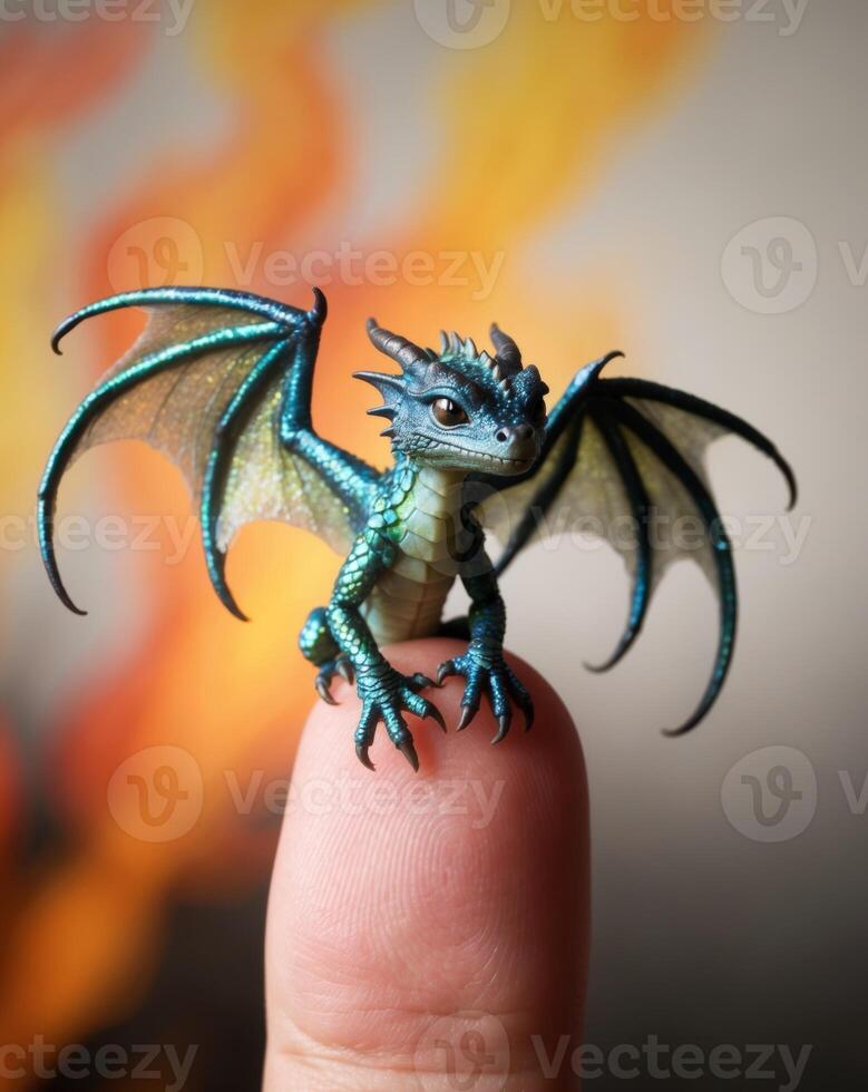 Tiny Dragon Sitting on a Finger with Fire Background. photo