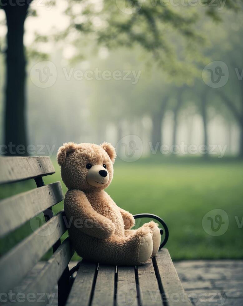 Teddy bear sit on bench in park soft focus. photo