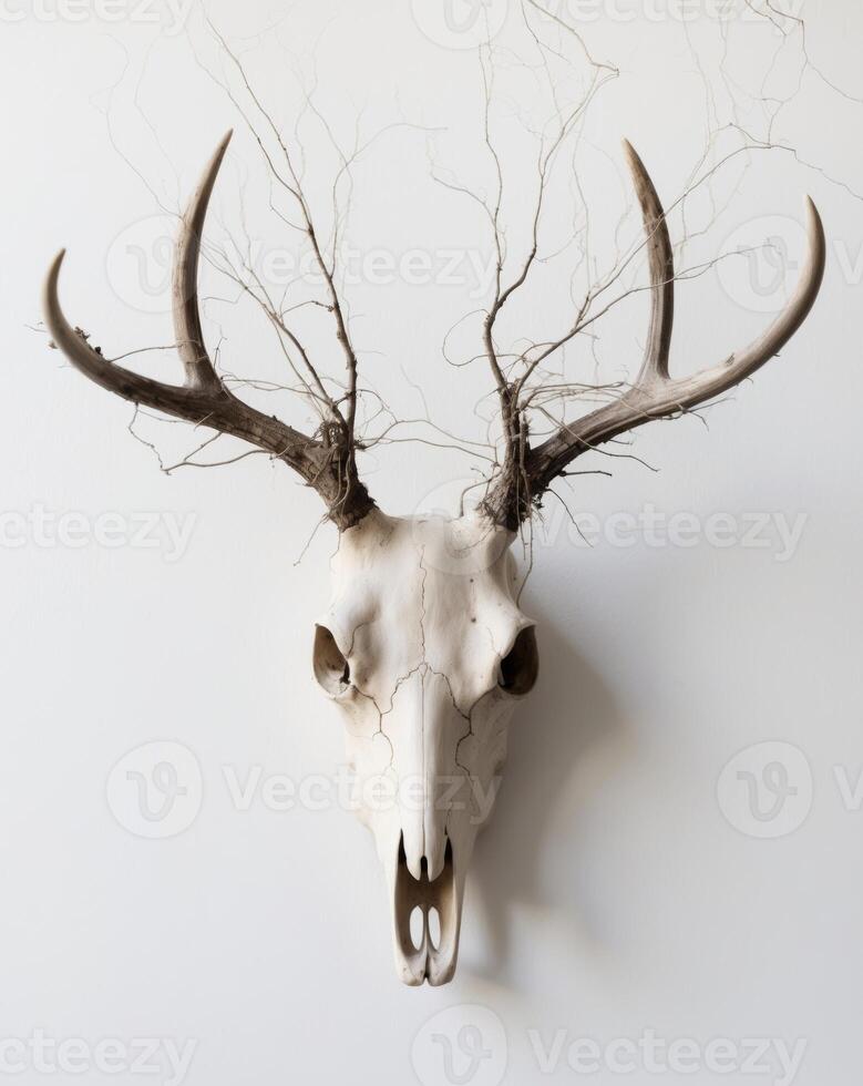 The skull of an with roots growing from it. photo