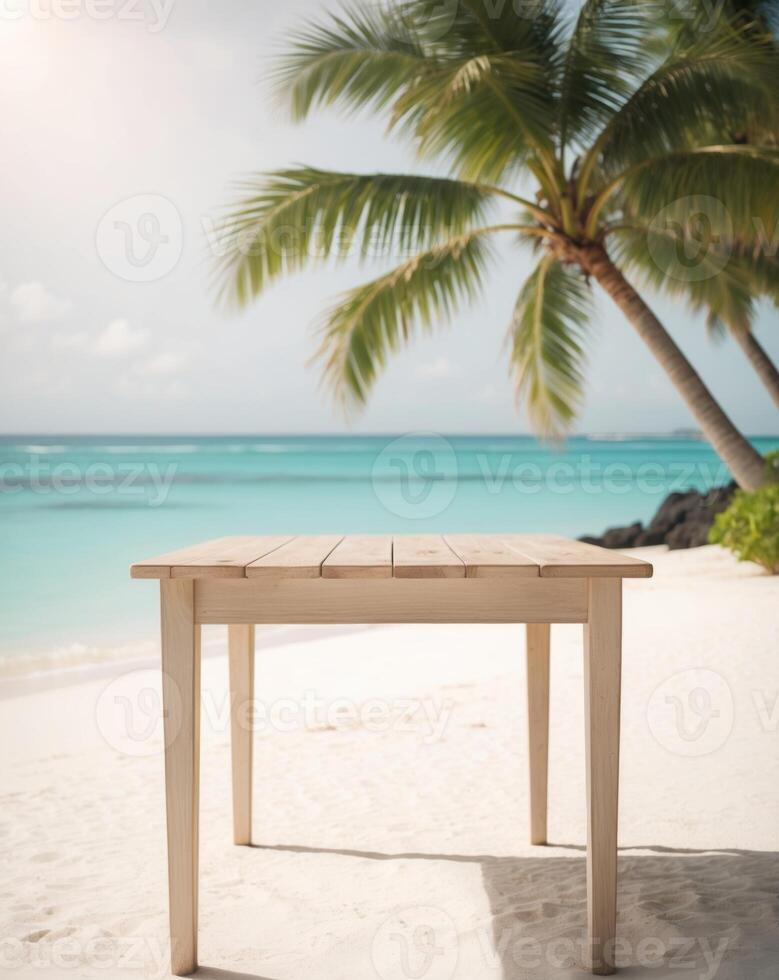 Wooden Table with Tropical Beach Background. photo