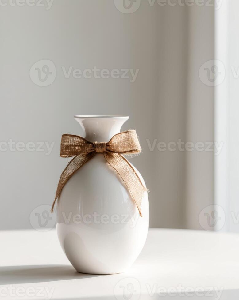 A white vase with a brown bow tied to it photo