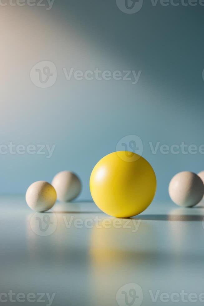 A yellow egg is surrounded by white eggs photo