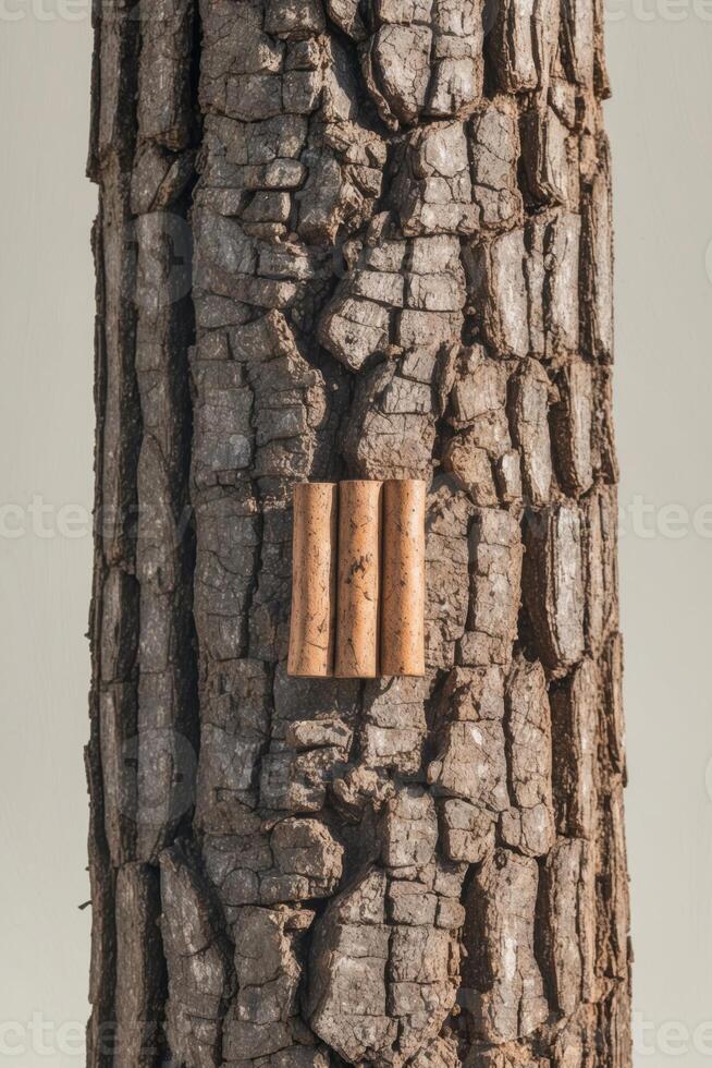 A tree with a wooden block on it photo
