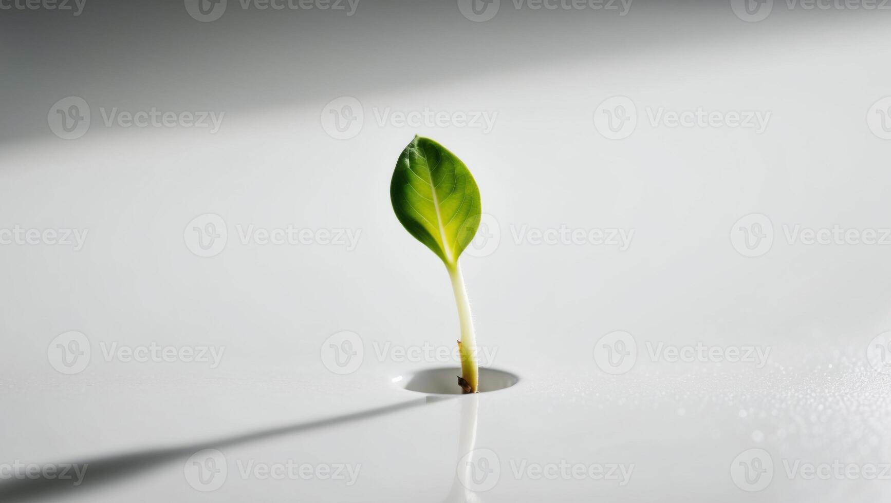 A small plant growing out of a hole in a white surface photo