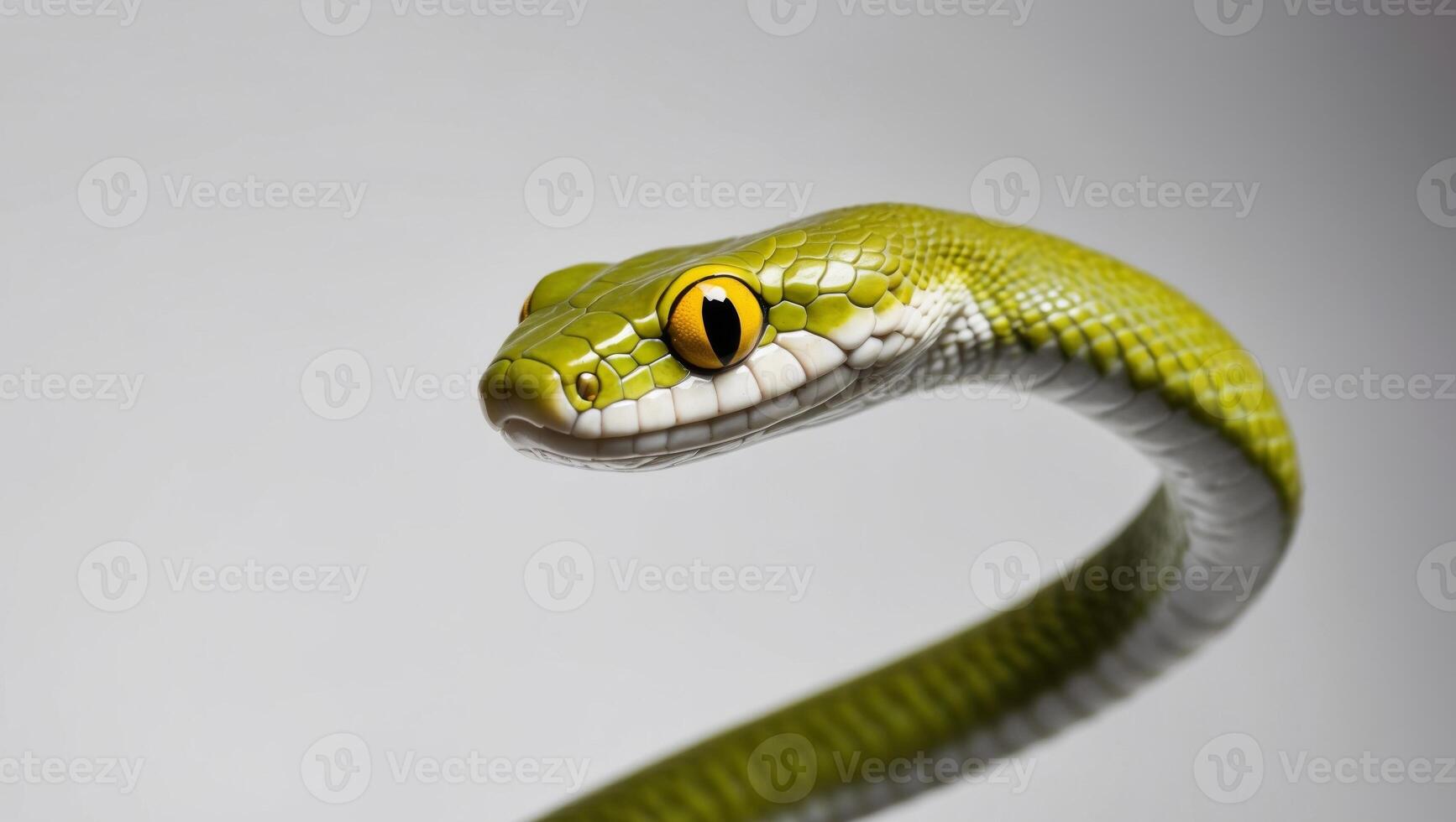 A green snake with yellow eyes photo