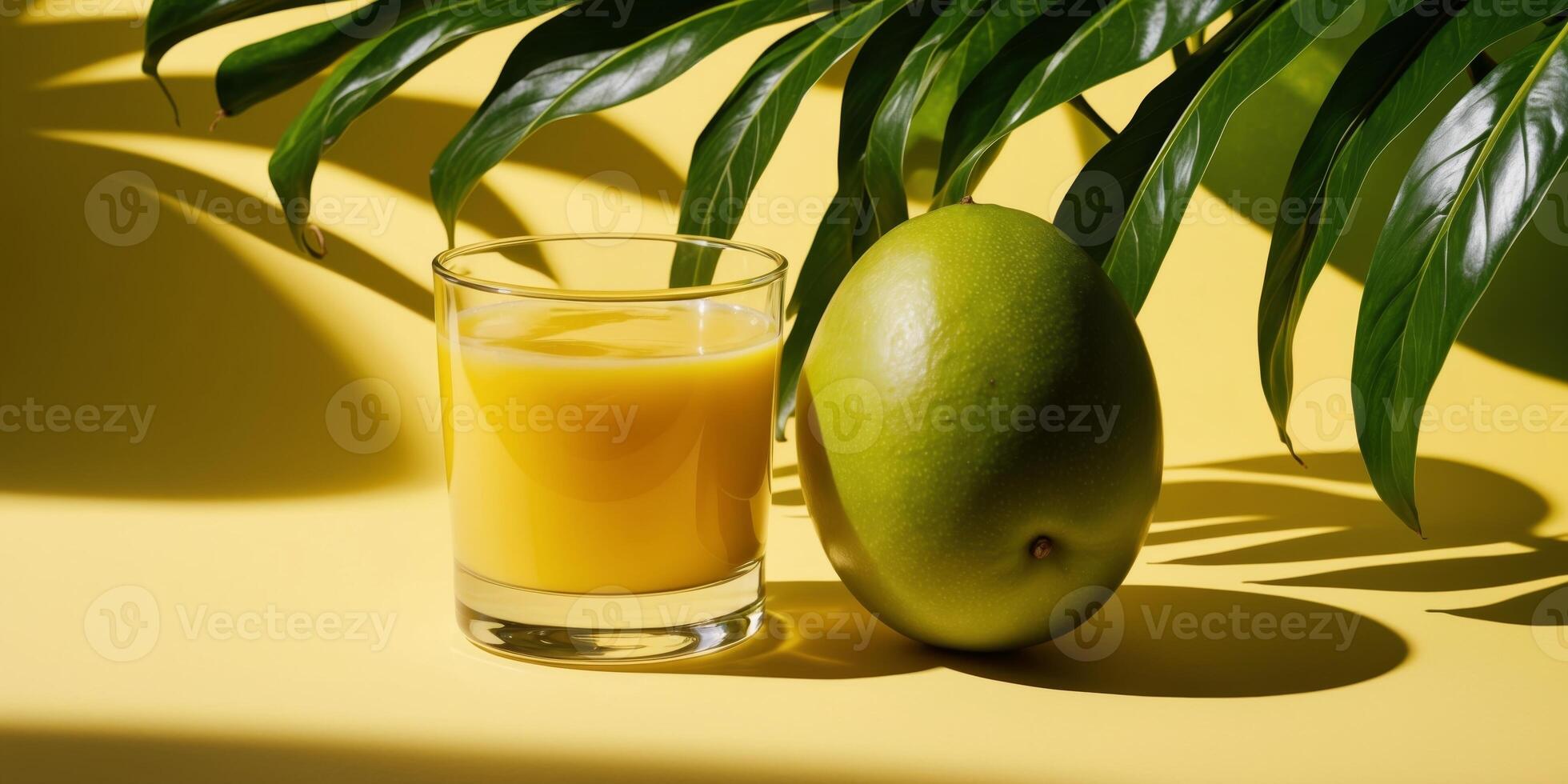 A glass of juice next to a mango on a yellow background photo