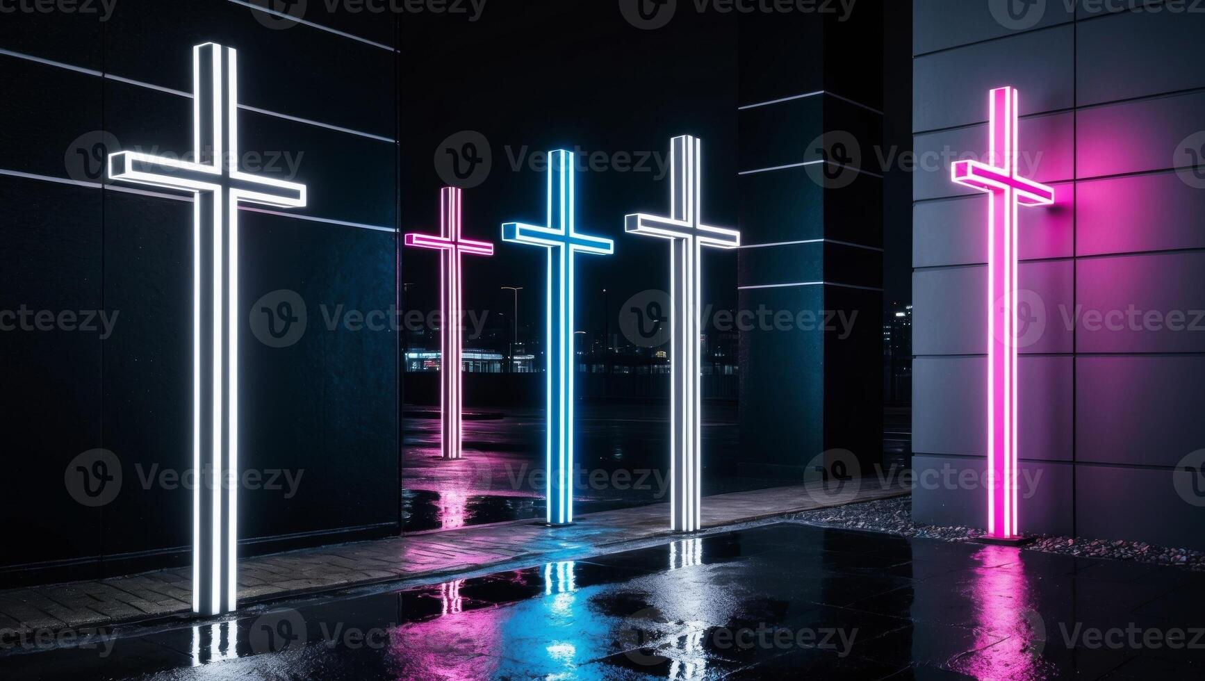 A group of neon crosses in front of a building photo