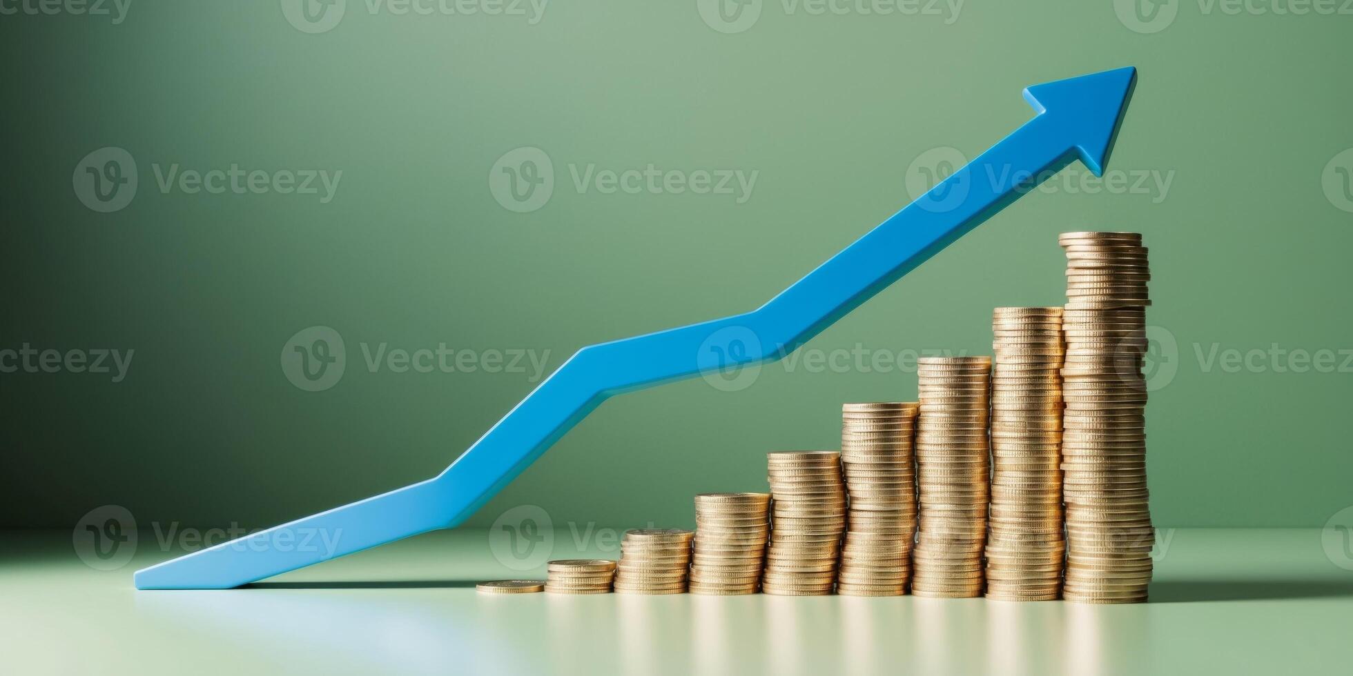 A blue arrow is pointing up and a stack of coins is next to it photo