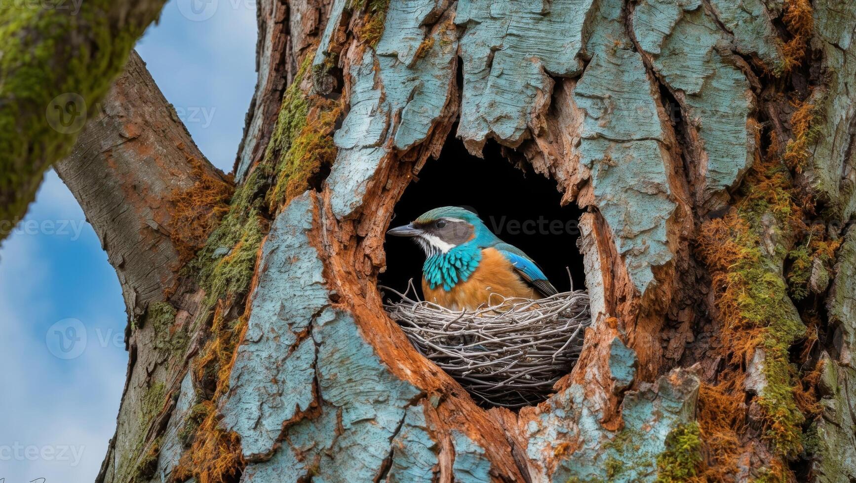 A blue bird sits in a nest in a tree photo