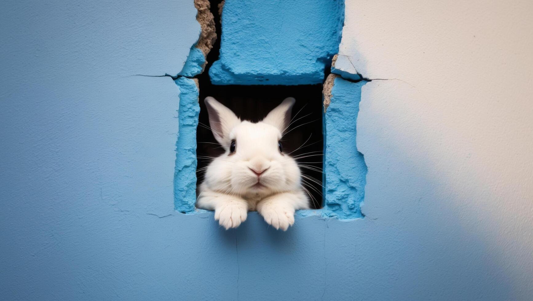 A white rabbit peeks out of a hole in a blue wall photo