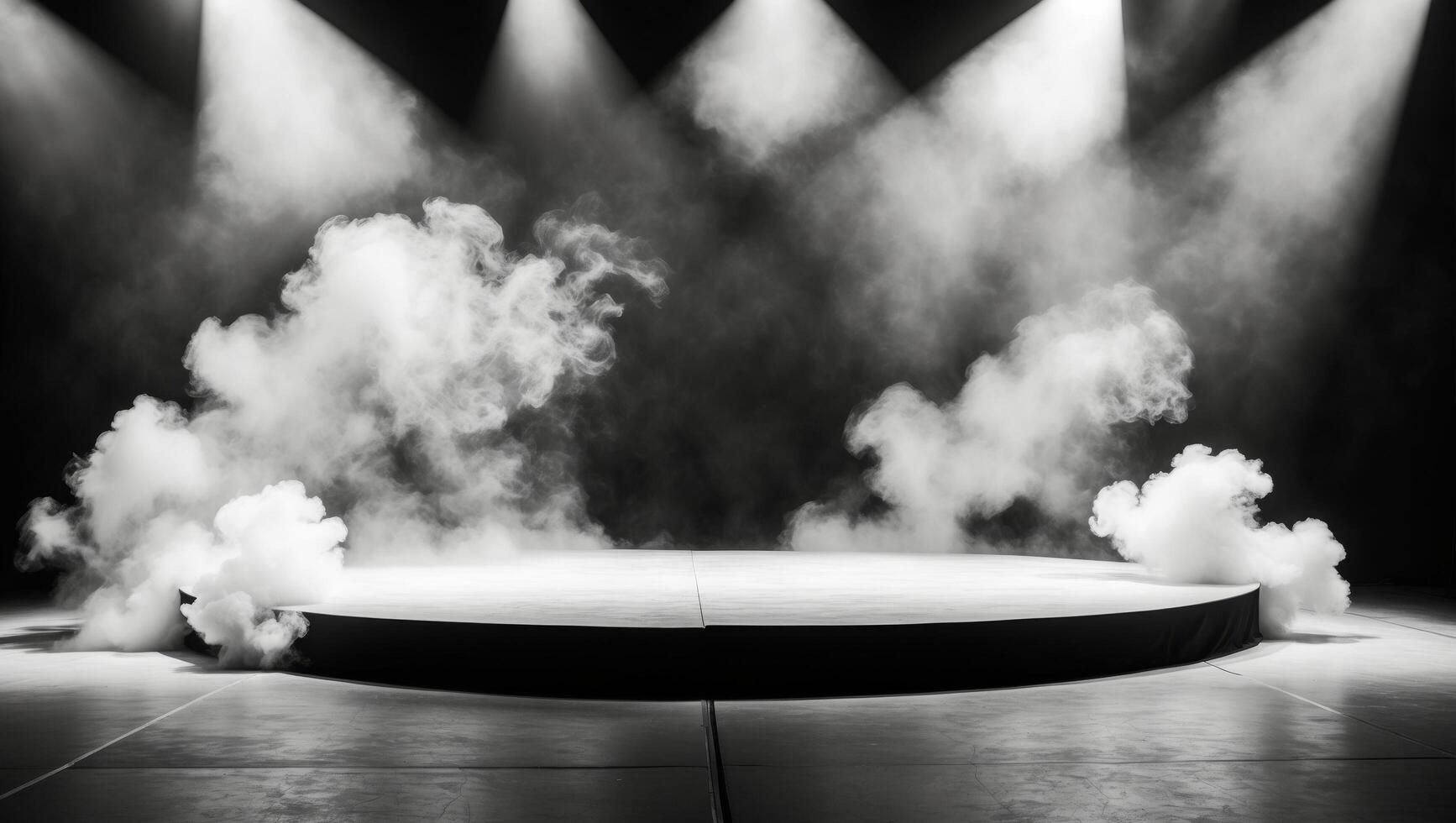 Black and white photo of stage with smoke