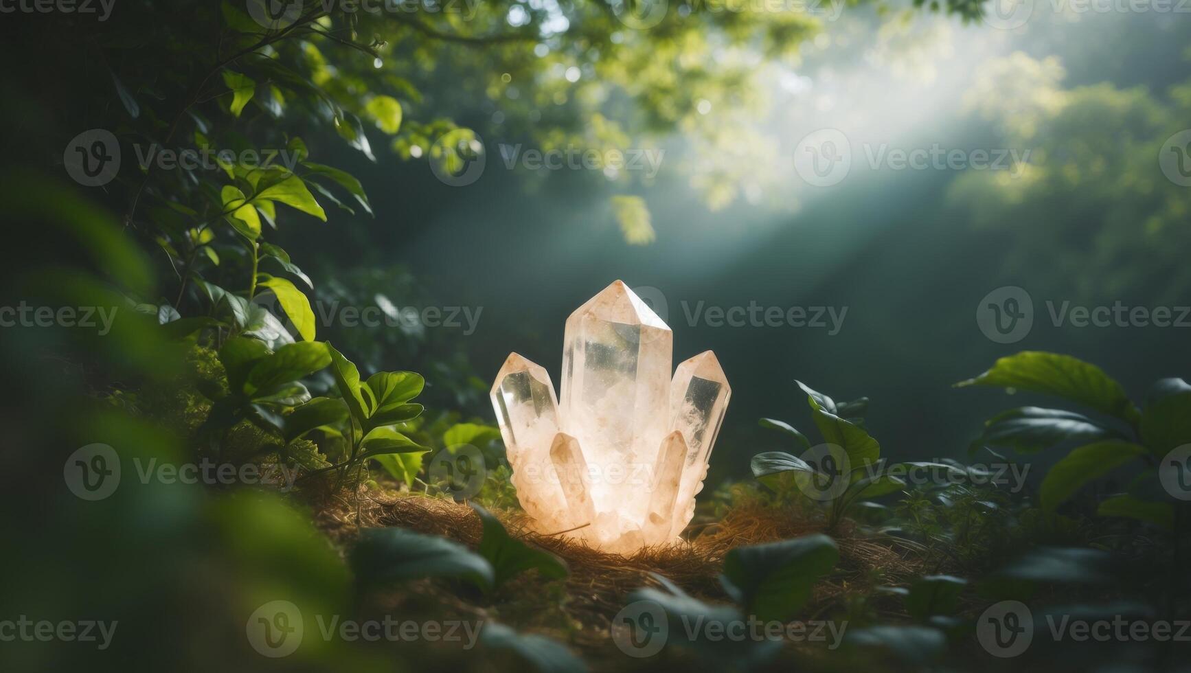 Glowing crystal formation in lush forest. photo