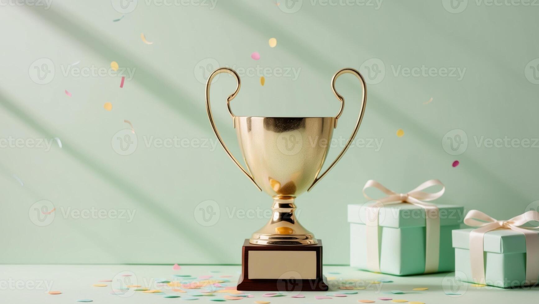 Gold Trophy Award with Confetti and Gifts on Mint Background. photo