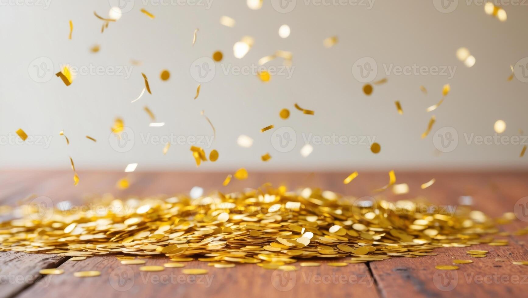 Golden Confetti Falling on Wooden Table with Blurred Background. photo