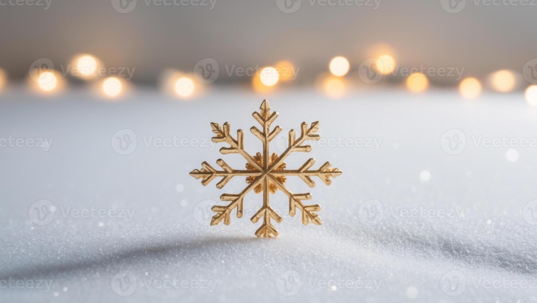 Golden Snowflake on Sparkling Winter Snow with Blurred Lights Background. photo