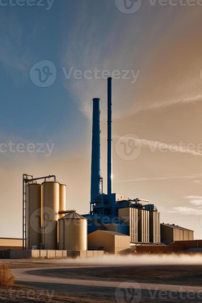 Industrial complex featuring wood pellet storage silos as well as a towering smokestack. photo