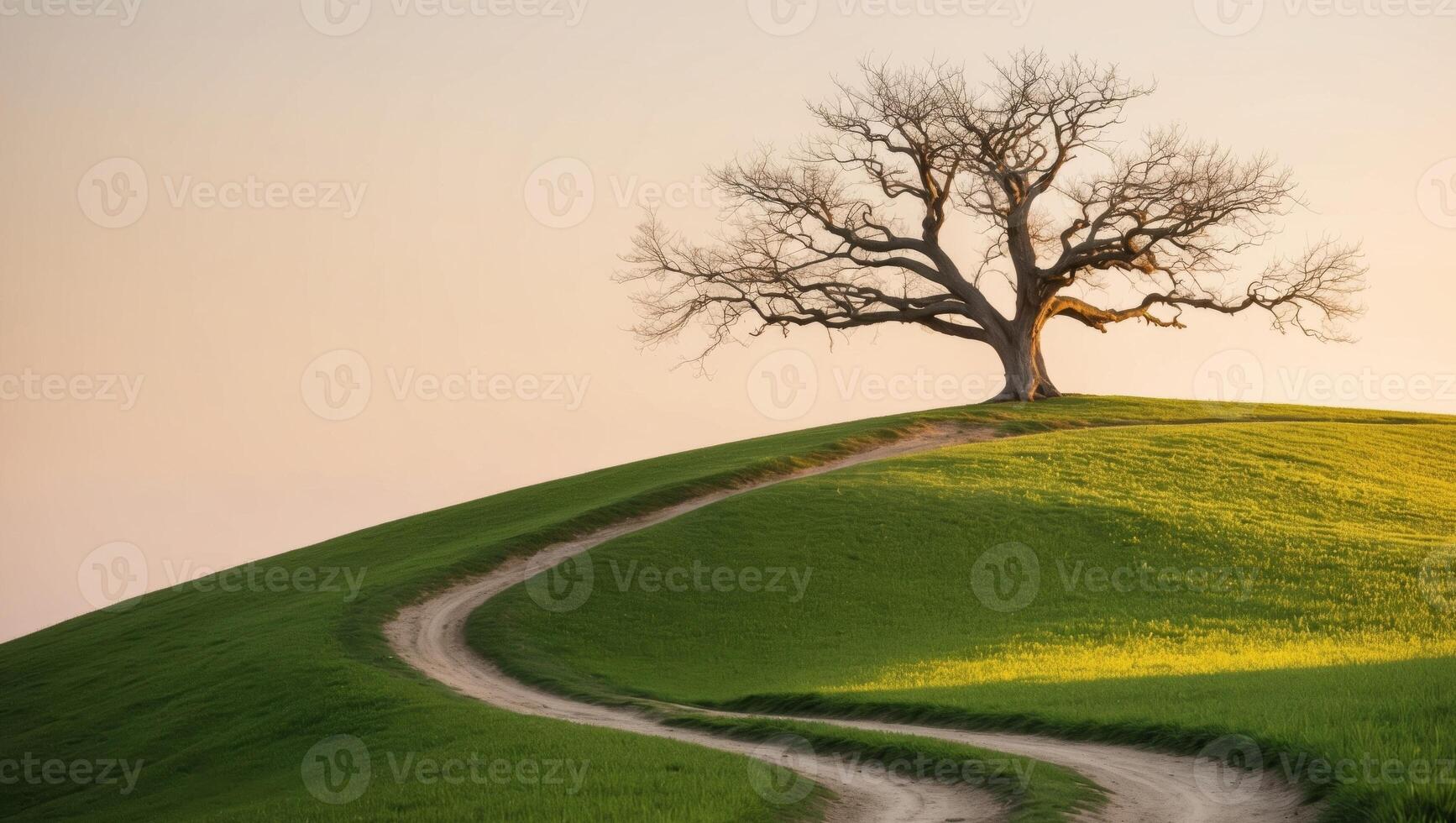 A lone tree on a hill with a dirt road photo