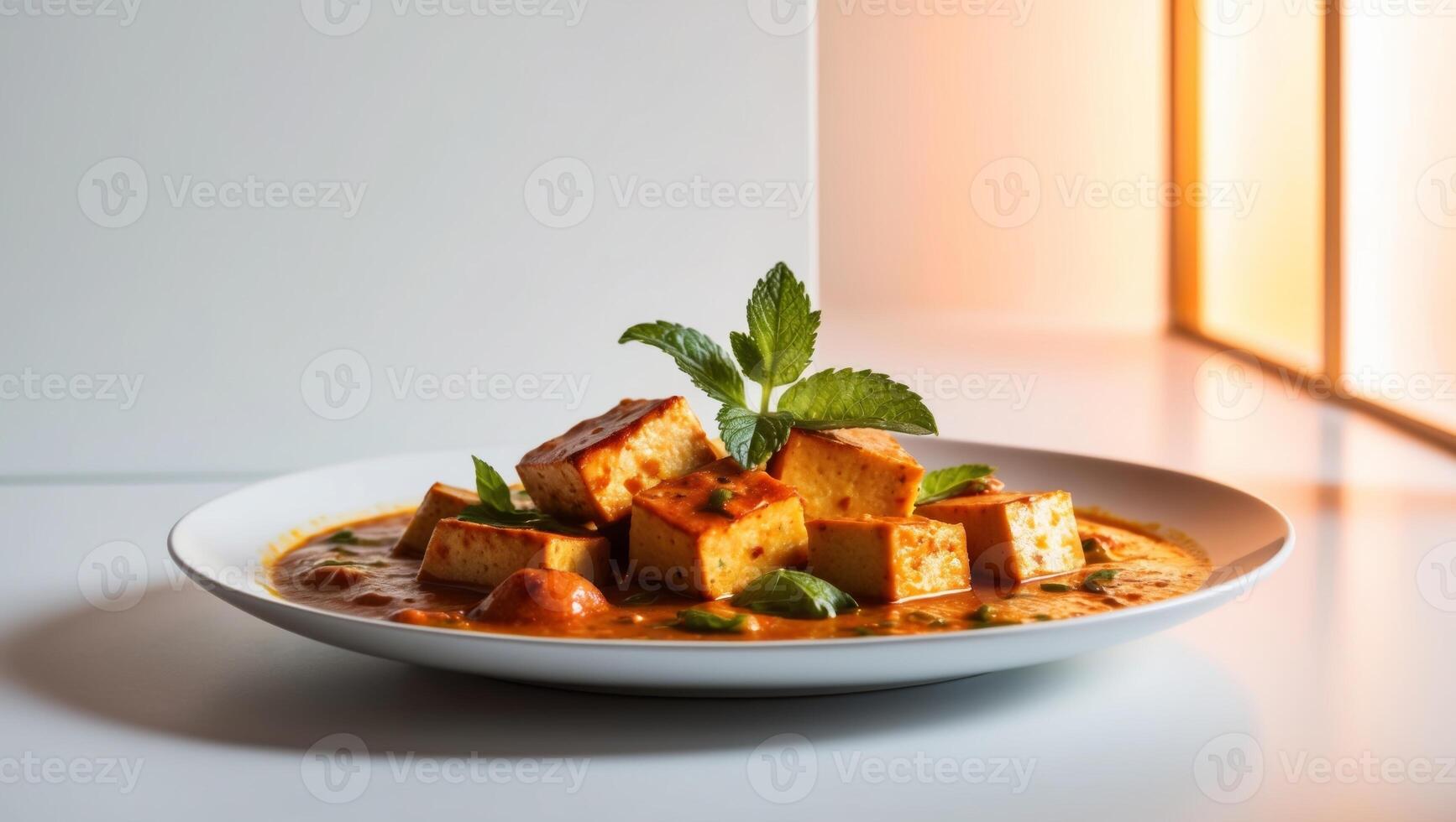 Thai curry with tofu and vegetables in a white bowl photo